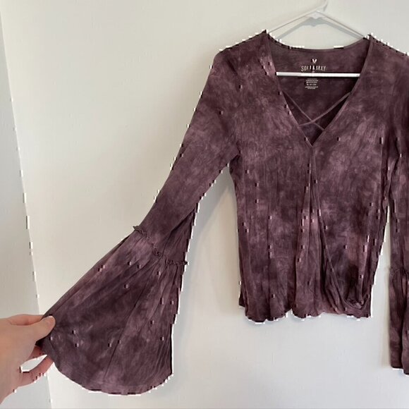AMERICAN EAGLE Soft Sexy T Tie Dye Faux Wrap Top Purple Surplice Long Sleeve S - Picture 7 of 12